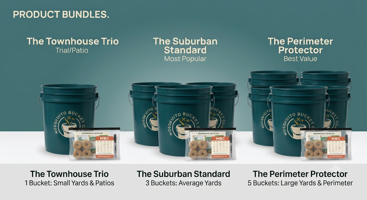 Mosquito Bucket Co. product bundle options with buckets and refill supplies
