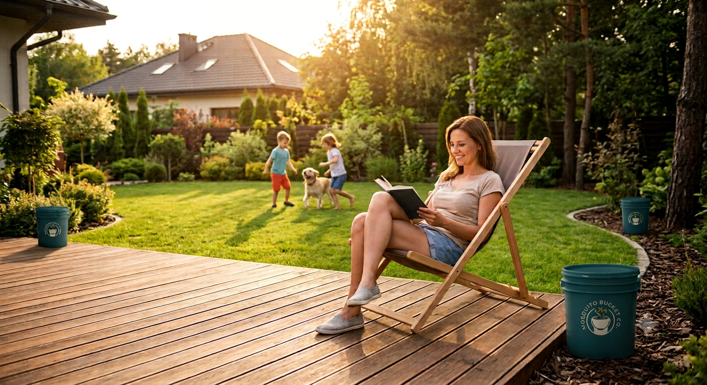 Family relaxing in a backyard with Mosquito Bucket Co. buckets placed around the yard